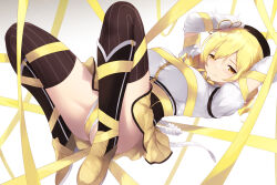 Rule 34 | 1girl, arms up, blonde hair, breasts, cait aron, large breasts, looking at viewer, mahou shoujo madoka magica, mahou shoujo madoka magica (anime), shibari, shirt, skirt, solo, thighs, tomoe mami, upskirt, white background, white shirt, yellow eyes, yellow skirt