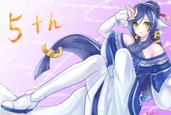 Rule 34 | 1girl, absurdly long hair, ainu clothes, animal ears, aquaplus, arm up, bare shoulders, blue dress, boots, bracelet, breasts, closed mouth, dress, fingerless gloves, full body, gloves, gradient eyes, hair between eyes, hair ornament, hand on forehead, heels, jewelry, knees up, kuon (utawarerumono), lips, long dress, long hair, long sleeves, looking at viewer, medium breasts, mofumofu117117, multicolored eyes, necklace, off shoulder, ponytail, raised eyebrows, sidelocks, sitting, smile, solo, spread legs, swept bangs, thick thighs, thigh boots, thighhighs, thighs, utawarerumono, utawarerumono: futari no hakuoro, utawarerumono: itsuwari no kamen, very long hair, white gloves, yellow eyes
