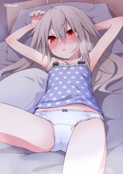Rule 34 | 1girl, absurdres, ahoge, armpits, arms behind head, arms up, bed, black bow, blue bow, blush, bos, bow, bow camisole, bow panties, camisole, collarbone, elena trafalgar, eyes visible through hair, from above, glasses, grey hair, highres, ikune juugo, long hair, looking at viewer, lying, midriff, no pants, on back, on bed, open mouth, original, panties, pillow, polka dot, polka dot camisole, polka dot clothes, polka dot print, red eyes, round eyewear, signature, solo, spread legs, sweat, underwear, underwear only, white panties