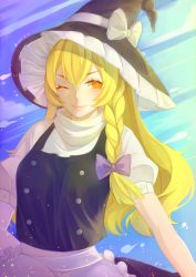 Rule 34 | 1girl, absurdres, bingbing (hrppbb), black hat, blonde hair, blush, bow, braid, dated, hair bow, hat, hat bow, hat ribbon, highres, kirisame marisa, long hair, looking at viewer, one eye closed, puffy short sleeves, puffy sleeves, purple bow, ribbon, short sleeves, signature, smile, solo, touhou, upper body, white bow, white ribbon, witch hat, yellow eyes