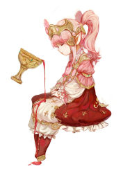 Rule 34 | 1girl, bubble skirt, chalice, closed mouth, cup, dripping, final fantasy, final fantasy xiv, from side, full body, highres, lalafell, long sleeves, nanamo ul namo, pink hair, pink ribbon, pointy ears, ponytail, profile, red skirt, ribbon, rosette (yankaixuan), simple background, sitting, skirt, solo, visor (armor), white background, white skirt