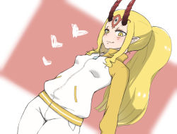 Rule 34 | 1girl, blonde hair, fang, fate/grand order, fate (series), gym uniform, heart, horns, ibaraki douji (fate), looking at viewer, monster girl, oni, pointy ears, ponytail, tagme, tattoo, track suit, yellow eyes