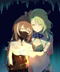 Rule 34 | 2girls, antlers, bandaged arm, bandages, black mask, bleeding, blood, blue ribbon, branch, brown hair, ceres fauna, closed eyes, commentary, crossed bangs, english commentary, feather hair ornament, feathers, flower, freesia (yueyueycw1), glowing, green eyes, green hair, hair flower, hair ornament, hololive, hololive english, horns, leaning on person, leaning to the side, long hair, mask, mouth mask, multicolored hair, multiple girls, nanashi mumei, ponytail, ribbon, stalactite, streaked hair, torn clothes, torn sleeves, very long hair, virtual youtuber