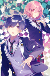 Rule 34 | 1boy, 1girl, blazer, buttons, checkered background, checkered clothes, checkered neckwear, checkered skirt, collared shirt, commentary request, cover, cover page, hair between eyes, hair ornament, highres, jacket, looking at viewer, medium hair, necktie, novel cover, official art, open mouth, parted lips, pocket, saine, shirt, short hair, skirt, sweater, v-shaped eyebrows, wing collar, x hair ornament