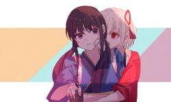 Rule 34 | 2girls, bandaid, bandaid on face, black hair, blonde hair, blue kimono, commentary request, cup, film grain, hair ribbon, holding, holding cup, hug, hug from behind, inoue takina, japanese clothes, kimono, long hair, lycoris recoil, multiple girls, nishikigi chisato, official alternate costume, open mouth, pout, purple eyes, q pulan, red eyes, red kimono, red ribbon, ribbon, shade, shadow, short hair, sidelocks, smile, teeth, twintails, upper body, upper teeth only, wide sleeves, yuri