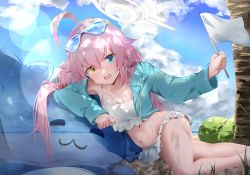 Rule 34 | 1girl, absurdres, ahoge, bare shoulders, beach, bikini, blue archive, blue eyes, blue jacket, blush, breasts, collarbone, flag, hair between eyes, hair bobbles, hair ornament, halo, heimu (heim kstr), heterochromia, highres, hoshino (blue archive), hoshino (swimsuit) (blue archive), jacket, long hair, long sleeves, looking at viewer, low twintails, open clothes, open jacket, open mouth, outdoors, pink hair, small breasts, smile, solo, sweat, swimsuit, twintails, white bikini, white flag, yellow eyes