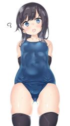 Rule 34 | 1girl, :o, ?, absurdres, arm warmers, arms behind back, asashio (kancolle), black hair, black thighhighs, blue eyes, blue one-piece swimsuit, blush, breasts, covered navel, cowboy shot, detached sleeves, ebifurya, from below, gluteal fold, head tilt, highres, kantai collection, lips, navel, one-piece swimsuit, one eye closed, open mouth, school swimsuit, shiny skin, simple background, skindentation, small breasts, solo, sparkle, suggestive fluid, swimsuit, thighhighs, thighs, wet, white background