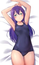 Rule 34 | 1girl, absurdres, ahoge, arms up, bed, blue one-piece swimsuit, breasts, cowboy shot, green eyes, hair between eyes, highres, idolmaster, idolmaster million live!, kuro kinkan, long hair, lying, mochizuki anna, one-piece swimsuit, purple hair, school swimsuit, small breasts, solo, swimsuit