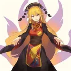 Rule 34 | 1girl, aura, beige background, black dress, black sash, blonde hair, breasts, commentary request, dress, falken (yutozin), feet out of frame, hair between eyes, head tilt, headdress, highres, junko (touhou), large breasts, long dress, long hair, long sleeves, neck ribbon, one-hour drawing challenge, open mouth, pom pom (clothes), red eyes, ribbon, sash, simple background, smile, solo, standing, tabard, tassel, touhou, very long hair, wide sleeves, yellow ribbon