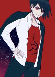 Rule 34 | 1boy, alternate color, black hair, black jacket, black pants, buttons, collarbone, cowboy shot, danganronpa (series), danganronpa v3: killing harmony, dress shirt, facial hair, goatee, hand on own hip, highres, jacket, long sleeves, looking at viewer, male focus, momota kaito, open clothes, open shirt, pants, red background, red eyes, red shirt, satori (aosky9077), shirt, solo, space print, spiked hair, starry sky print, white shirt