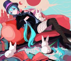 Rule 34 | 1girl, aqua eyes, aqua hair, rabbit, fishnet pantyhose, fishnets, hat, hatsune miku, highres, long hair, magician, miracle paint (vocaloid), pantyhose, project diva, project diva (series), sitting, solo, sound tamashi, thighhighs, top hat, very long hair, vocaloid