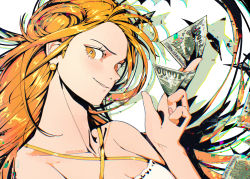 Rule 34 | 1girl, artist name, bad link, banknote, bare shoulders, commentary, earrings, eyelashes, happy, highres, jewelry, long hair, looking at viewer, money, mygiorni, nami (one piece), one piece, orange eyes, orange hair, simple background, smile, solo, twitter username, wavy hair, white background