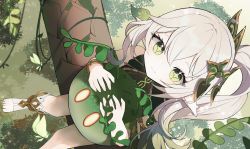 Rule 34 | 1girl, branch, elf, forest, genshin impact, green eyes, gwi dong nyang, highres, leaf, looking at viewer, nahida (genshin impact), nature, pointy ears, side ponytail, sitting, slime (genshin impact), smile, symbol-shaped pupils, toeless footwear, tree, white hair