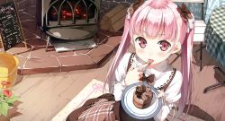 Rule 34 | 1girl, absurdres, blush, bow, bucket, cake, chair, chalkboard, chocolate, dress, english text, licking finger, finger to mouth, fireplace, flower, food, from above, hair ornament, heart, highres, kantoku, licking, lolita fashion, long hair, looking at viewer, menu board, miyaguchi kanna, original, pink eyes, pink hair, plate, scan, solo, sweet lolita, table, tablecloth, tongue, tongue out, twintails