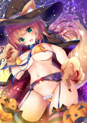 Rule 34 | 1girl, animal ears, bikini, breasts, cameltoe, cleavage, covered erect nipples, garter straps, green eyes, halloween, halloween costume, hat, highres, kino (kino konomi), large breasts, looking at viewer, navel, open mouth, original, pumpkin, solo, swimsuit, tail, thighhighs, underboob, witch, witch hat