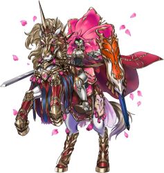 Rule 34 | 1girl, armor, baronne de fleur, breastplate, covered navel, duel monster, falling petals, full armor, full body, glowing, glowing eyes, green eyes, highres, holding, holding shield, holding sword, holding weapon, horse, konami, looking at viewer, official art, petals, rider belt, riding, shield, simple background, solo, sword, transparent background, weapon, wide hips, yu-gi-oh!, yu-gi-oh! master duel