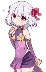 Rule 34 | 1girl, angry, bare shoulders, blush, bridal gauntlets, covered navel, detached sleeves, dress, earrings, fate/grand order, fate (series), grey hair, hair ribbon, halterneck, jewelry, kama (fate), kama (first ascension) (fate), looking at viewer, pout, purple dress, purple skirt, purple sleeves, rabiiandrain, red eyes, red ribbon, ribbon, see-through, short hair, simple background, skirt, solo, squiggle, thighhighs, white background
