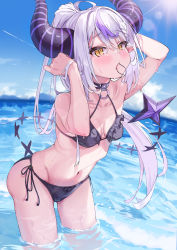 Rule 34 | 1girl, absurdres, ass, bare shoulders, bikini, black bikini, blue sky, blush, braid, breasts, cloud, day, frills, green tea (greente42869067), highres, hololive, horns, la+ darknesss, looking at viewer, mouth hold, navel, ocean, outdoors, pointy ears, ponytail, purple hair, sky, slit pupils, small breasts, solo, swimsuit, tail, virtual youtuber, wading, white hair