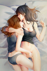 Rule 34 | 2girls, arm around shoulder, black hair, black tank top, bottomless, breasts, brown hair, cleavage, closed eyes, from side, highres, long hair, lunorafc, lying, midriff, multiple girls, no panties, no pants, person of interest, root (person of interest), sameen shaw (person of interest), smile, tank top, yuri