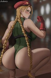 Rule 34 | 1girl, artist name, ass, backboob, barefoot, beret, blonde hair, blue eyes, blurry, blurry background, braid, braided ponytail, breasts, cameltoe, cammy white, capcom, curvy, female focus, gloves, green leotard, hat, highleg, highleg leotard, highres, huge ass, indoors, large breasts, leotard, light blush, long hair, military hat, oroborus, red gloves, red hat, skin tight, solo, squatting, street fighter, thong leotard, twin braids, twintails, very long hair, wide hips