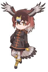 Rule 34 | 1girl, animal costume, bird girl, bird tail, bird wings, brown eyes, brown hair, closed mouth, gloves, golden eagle (kemono friends), highres, kemono friends, kneehighs, looking at viewer, military, military uniform, multicolored hair, official art, shoes, short hair, simple background, skirt, socks, solo, standing, tachi-e, tail, uniform, white background, wings, yoshizaki mine