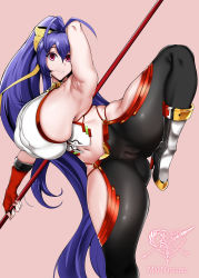 Rule 34 | 1girl, absurdres, antenna hair, armpits, backless outfit, black pants, blazblue, blazblue: central fiction, blazblue variable heart, blue hair, bow, breasts, censored, character name, cleft of venus, closed mouth, crest, fingerless gloves, gloves, gluteal fold, hair bow, halterneck, high ponytail, highres, huge breasts, long hair, lowleg, lowleg pants, magenta eyes, mai natsume, mosaic censoring, navel, no bra, no panties, outseal, owner1657, pants, pink background, red gloves, revealing clothes, sideboob, sidelocks, smile, solo, split, standing, standing on one leg, standing split, very long hair, yellow bow