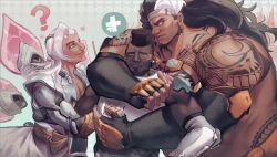 Rule 34 | 3boys, armor, baptiste (overwatch), beard, biceps, black hair, dark skin, ear piercing, earrings, facial hair, full-body tattoo, gauntlets, highres, hug, implied yaoi, jewelry, kakitesaikou, lifeweaver (overwatch), long hair, looking at another, male focus, manly, mature male, mauga (overwatch), mechanical arms, mohawk, multicolored hair, multiple boys, muscular, muscular male, orange eyes, overwatch, piercing, simple background, smile, solo, tattoo, thick arms, upper body, white hair