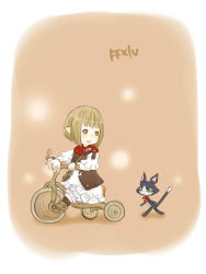 Rule 34 | 10s, blonde hair, bob cut, bow, cait sith (mythology), cat, final fantasy, final fantasy xiv, highres, lalafell, neckerchief, skirt, square enix, tokiy, tricycle, warrior of light (ff14), yellow eyes