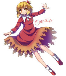 Rule 34 | 1girl, aki shizuha, blonde hair, closed mouth, commentary, full body, hair ornament, highres, leaf hair ornament, long sleeves, looking at viewer, one-hour drawing challenge, red footwear, red shirt, red skirt, renshirenji, shirt, simple background, skirt, smile, socks, solo, touhou, twitter username, white background, white socks, yellow eyes
