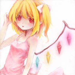 Rule 34 | 1girl, acrylic paint (medium), alternate costume, bad id, bad pixiv id, bare shoulders, blonde hair, embodiment of scarlet devil, female focus, flandre scarlet, hat, highres, isegawa yasutaka, painting (medium), pointy ears, red eyes, side ponytail, solo, tongue, tongue out, touhou, traditional media