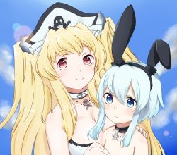 Rule 34 | 2girls, animal ears, anne bonny (fate), bare shoulders, bikini, blonde hair, blue eyes, blush, breasts, rabbit ears, choker, cleavage, fate/grand order, fate (series), hat, looking at viewer, mary read (fate), multiple girls, red eyes, short hair, silver hair, smile, swimsuit, twintails