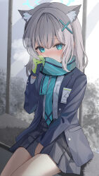 Rule 34 | 1girl, absurdres, animal ear fluff, animal ears, black jacket, blue archive, blue eyes, blue halo, blue necktie, blue scarf, cowboy shot, cross hair ornament, extra ears, gloves, green gloves, grey hair, grey skirt, guree (haiiro), hair ornament, halo, highres, jacket, long sleeves, looking at viewer, mismatched pupils, necktie, open clothes, open jacket, pleated skirt, scarf, shiroko (blue archive), shirt, short hair, single glove, sitting, skirt, solo, white shirt, wolf ears