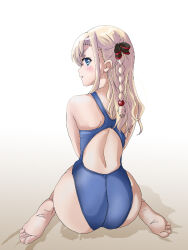 Rule 34 | 1girl, ass, blonde hair, blue eyes, blue one-piece swimsuit, braid, competition swimsuit, from behind, hair ribbon, hal-py, high school fleet, highres, long hair, looking at viewer, looking back, one-piece swimsuit, ribbon, simple background, single braid, sitting, solo, swimsuit, wariza, white background, wilhelmina braunschweig ingenohl friedeburg