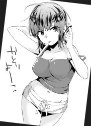 Rule 34 | 10s, 1girl, adjusting hair, alternate hairstyle, arm up, bad id, bad pixiv id, bare shoulders, border, breasts, camisole, casual, collarbone, cowboy shot, dutch angle, eyebrows, greyscale, groin, hair tie, hair up, katori youko, large breasts, looking away, looking to the side, messy hair, midriff, monochrome, mouth hold, navel, nimame (nimameumee), shorts, solo, stomach, strap slip, tying hair, white background, world trigger