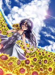 Rule 34 | 1girl, :d, ahoge, bad id, bad pixiv id, black hair, cloud, day, dress, dutch angle, female focus, flower, grey eyes, hat, lens flare, long hair, mitsuhachi8, nature, open mouth, original, outdoors, sky, smile, solo, sundress, sunflower