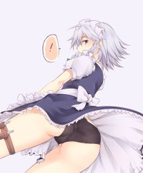 Rule 34 | !, 1girl, apron, ass, bent over, black panties, blue dress, blue eyes, blush, bow, braid, commentary request, cowboy shot, dress, dutch angle, frilled apron, frills, from behind, from below, green bow, hair bow, highres, holster, izayoi sakuya, knife, looking at viewer, looking back, maid, maid apron, maid headdress, miyo (ranthath), panties, petticoat, profile, puffy short sleeves, puffy sleeves, short hair, short sleeves, silver hair, solo, speech bubble, spoken exclamation mark, thigh holster, thighs, touhou, twisted torso, underwear, waist apron, white apron