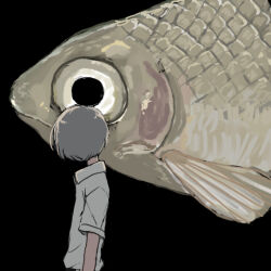 Rule 34 | 1boy, animal, arms at sides, black background, collared shirt, facing away, fish, fish request, from side, grey hair, looking at animal, looking to the side, original, oversized animal, shirt, shirt tucked in, short hair, short sleeves, simple background, solo, umi ha kirai, upper body