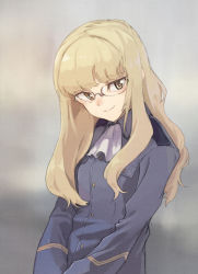Rule 34 | 1girl, ascot, blonde hair, glasses, grey background, highres, long hair, looking at viewer, perrine h. clostermann, shiratama (hockey), smile, solo, strike witches, uniform, upper body, v arms, world witches series, yellow eyes
