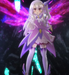 Rule 34 | 1girl, blush, boots, brown hair, energy wings, fate/kaleid liner prisma illya, fate (series), highres, illyasviel von einzbern, long hair, magical girl, pleated skirt, prisma illya, red eyes, screencap, skirt, solo, thigh boots, thighhighs, white footwear, white thighhighs, wings, zettai ryouiki