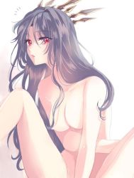 Rule 34 | 1girl, :o, akao ppai, arm support, black hair, breasts, cleavage, crown, eyes visible through hair, fate/grand order, fate (series), female focus, hair down, ishtar (fate), jewelry, knee up, legs, long hair, looking at viewer, medium breasts, nude, open mouth, red eyes, sitting, solo, spread legs, tohsaka rin, type-moon, white background