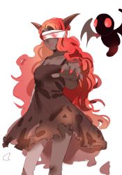 Rule 34 | 1girl, absurdres, bad id, bad pixiv id, bandages, black dress, blindfold, blood, breasts, colored skin, demon horns, dress, foreshortening, grey skin, highres, horns, lilith (the binding of isaac), lipstick, long hair, makeup, medium breasts, nail polish, red hair, red nails, simple background, sketch, the binding of isaac, white background