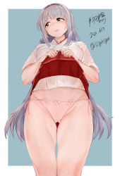 Rule 34 | 1girl, beige panties, blue background, border, brown eyes, character name, clothes lift, commentary request, cowboy shot, dated, from below, gluteal fold, hairband, hakama, hakama lift, hakama short skirt, hakama skirt, headband, highres, japanese clothes, kantai collection, lifted by self, long hair, looking to the side, muneate, one-hour drawing challenge, panties, red headband, shoukaku (kancolle), side-tie panties, skirt, solo, twitter username, underwear, white border, white hair, yukiguni yuu