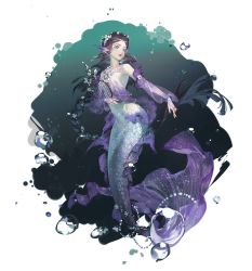Rule 34 | 1girl, air bubble, black hair, braid, braided ponytail, breasts, bubble, fins, full body, head fins, jewelry, long hair, mermaid, monster girl, navel, necklace, original, purple eyes, see-through, see-through sleeves, small breasts, solo, very long hair, zzzi gn