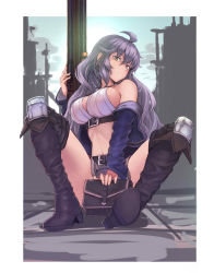 Rule 34 | 10s, 1girl, ahoge, bad id, bad pixiv id, belt, blue cape, blurry, boots, braid, breasts, cape, cleavage, crop top, depth of field, granblue fantasy, gun, highres, large breasts, long hair, looking at viewer, midriff, navel, rifle, ryuinu, sideboob, silva (granblue fantasy), sitting, sniper rifle, solo, thighhighs, thighs, twin braids, very long hair, wavy hair, weapon, yellow eyes