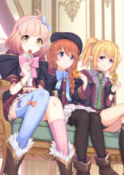 Rule 34 | 3girls, beret, blonde hair, blue thighhighs, blunt bangs, boots, braid, brown hair, chair, chieru (princess connect!), collared shirt, commentary request, food, fork, hat, headband, highres, hood, hooded coat, long hair, midorinocha, multiple girls, pantyhose, pink hair, princess connect!, school uniform, shirt, short hair, sitting, split mouth, star (symbol), star in eye, symbol in eye, thighhighs, yuni (princess connect!)