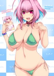 Rule 34 | 1girl, aqua hair, belly, bikini, breasts, cleavage, collar, curvy, fang, green bikini, highres, holding, huge breasts, idolmaster, idolmaster cinderella girls, looking at viewer, multicolored hair, navel, open mouth, pink eyes, pink hair, plump, pointing, sagging breasts, side-tie bikini bottom, simple background, sofmap background, solo, step and repeat, stomach, swimsuit, thighs, tsukasawa takamatsu, two-tone hair, wide hips, yumemi riamu