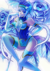 Rule 34 | 1girl, blue flower, blue hair, blue leotard, blue rose, blue rose (tiger &amp; bunny), boots, crystal earrings, earrings, elbow gloves, flower, gloves, hand on own hip, headgear, jewelry, karina lyle, leotard, lips, lipstick, makeup, mikan (aquacomet), power suit, rose, simple background, solo, superhero costume, thigh boots, thighhighs, tiger &amp; bunny, transparent breasts pads, white background, white footwear, white gloves
