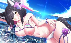 Rule 34 | 1girl, absurdres, animal ear fluff, animal ears, bikini, bikini pull, bikini top lift, black hair, blue archive, blue sky, blush, bracelet, breasts, clothes lift, clothes pull, cloud, day, flower, fox ears, fox girl, fox tail, hair flower, hair ornament, halo, highres, jewelry, large breasts, long hair, lying, navel, nipples, on side, open mouth, otakummm, outdoors, pulling own clothes, raised eyebrows, rock, sky, solo, stomach, strap slip, swimsuit, tail, thigh strap, wakamo (blue archive), wakamo (swimsuit) (blue archive), water, wavy mouth, wet, wet hair, yellow eyes