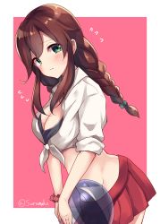 Rule 34 | 1girl, ball, beachball, blush, braid, breasts, brown hair, cleavage, green eyes, highres, jewelry, kantai collection, large breasts, long hair, looking at viewer, noshiro (kancolle), pink background, pleated skirt, red skirt, ring, shirt, skirt, solo, soramuko, twin braids, two-tone background, wedding band, white background, white shirt