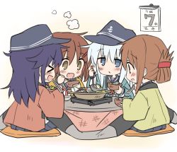Rule 34 | &gt; &lt;, 4girls, :d, akatsuki (kancolle), anchor symbol, black hat, blue eyes, blue sailor collar, blue skirt, blush, bowl, brown eyes, brown hair, calendar (object), chopsticks, closed eyes, closed mouth, commentary request, cushion, fang, flat cap, folded ponytail, food, food on face, hair between eyes, hanten (clothes), hat, hibiki (kancolle), highres, hizuki yayoi, holding, holding bowl, holding chopsticks, ikazuchi (kancolle), inazuma (kancolle), kantai collection, kotatsu, ladle, long hair, long sleeves, multiple girls, nabe, neckerchief, open mouth, pleated skirt, pot, purple hair, red neckerchief, rice, rice on face, sailor collar, school uniform, serafuku, shirt, short hair, silver hair, simple background, sitting, skirt, sleeves past wrists, smile, table, white background, white shirt, wide sleeves, xd